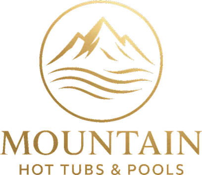 Mountain Hot Tubs & Pools logo: mountain peaks over a river inside a gold ring